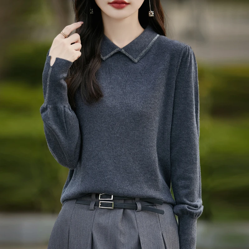 哥弟阿玛施正品新款羊毛翻领灯笼袖烫钻厚款舒适宽松百搭针织外搭