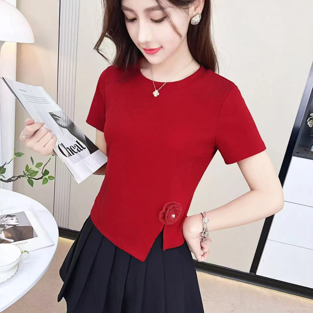 518#【衣长53】纯色短袖辣妹修身T恤短款t恤设计感显瘦上衣