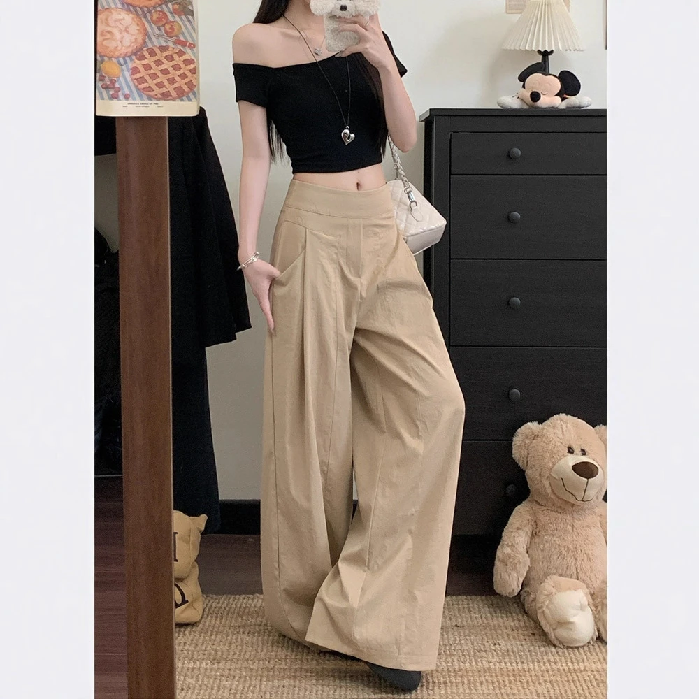 日系卡其色休闲阔腿裤女2025秋季高腰显瘦宽松慵懒风直筒拖地长裤