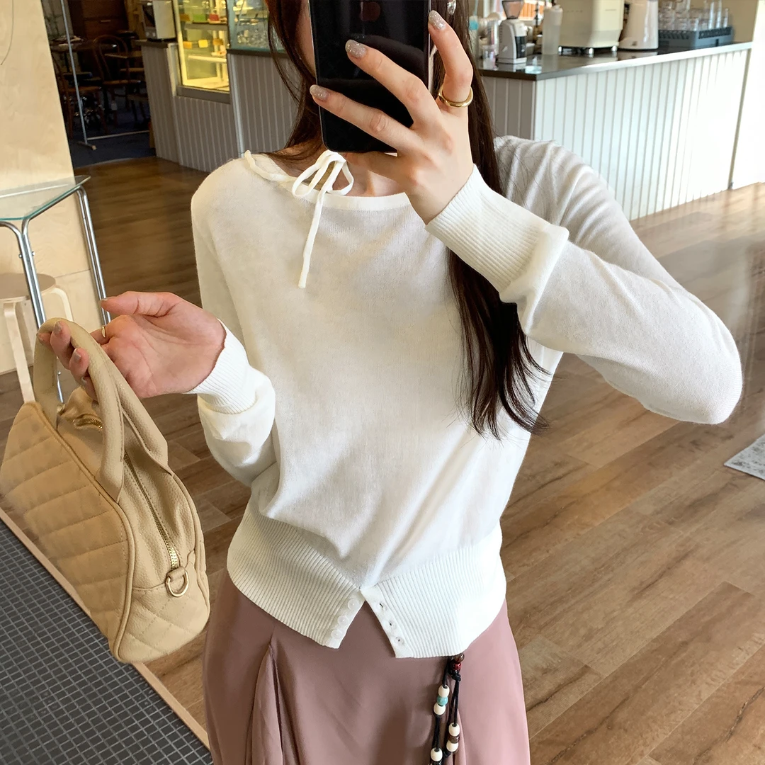 韩系温柔风系带圆领长袖针织衫女2025夏季薄款超好看独特漂亮上衣