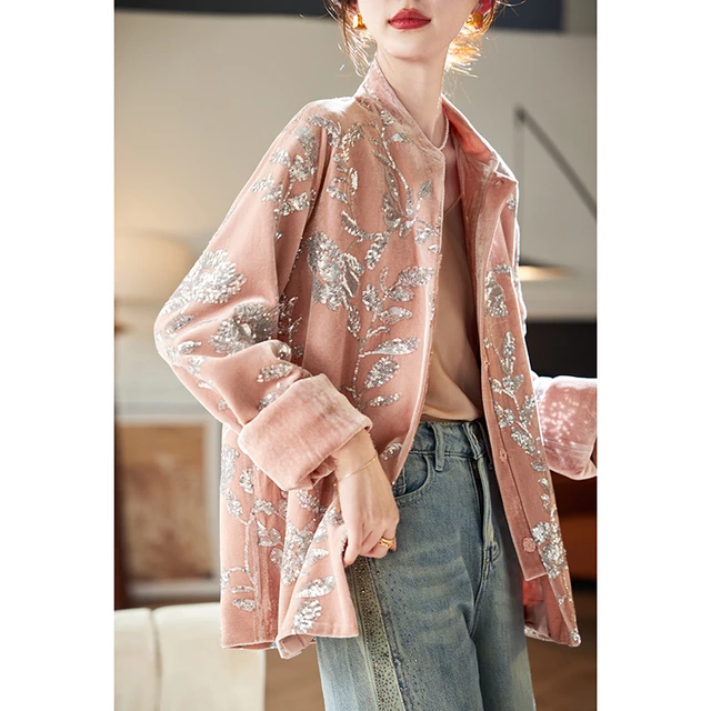 宝诗黎圆领亮片丝绒外套2025春季气质设计感小众百搭休闲 长袖女