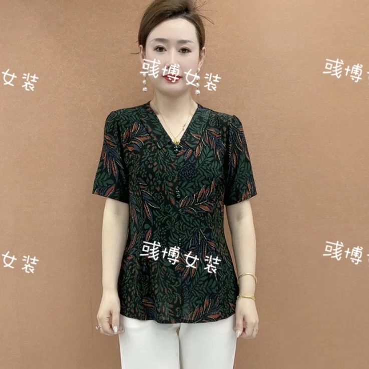 夏季新款气质短袖洋气减龄时尚小衫绿树叶SY妈妈装显瘦复古
