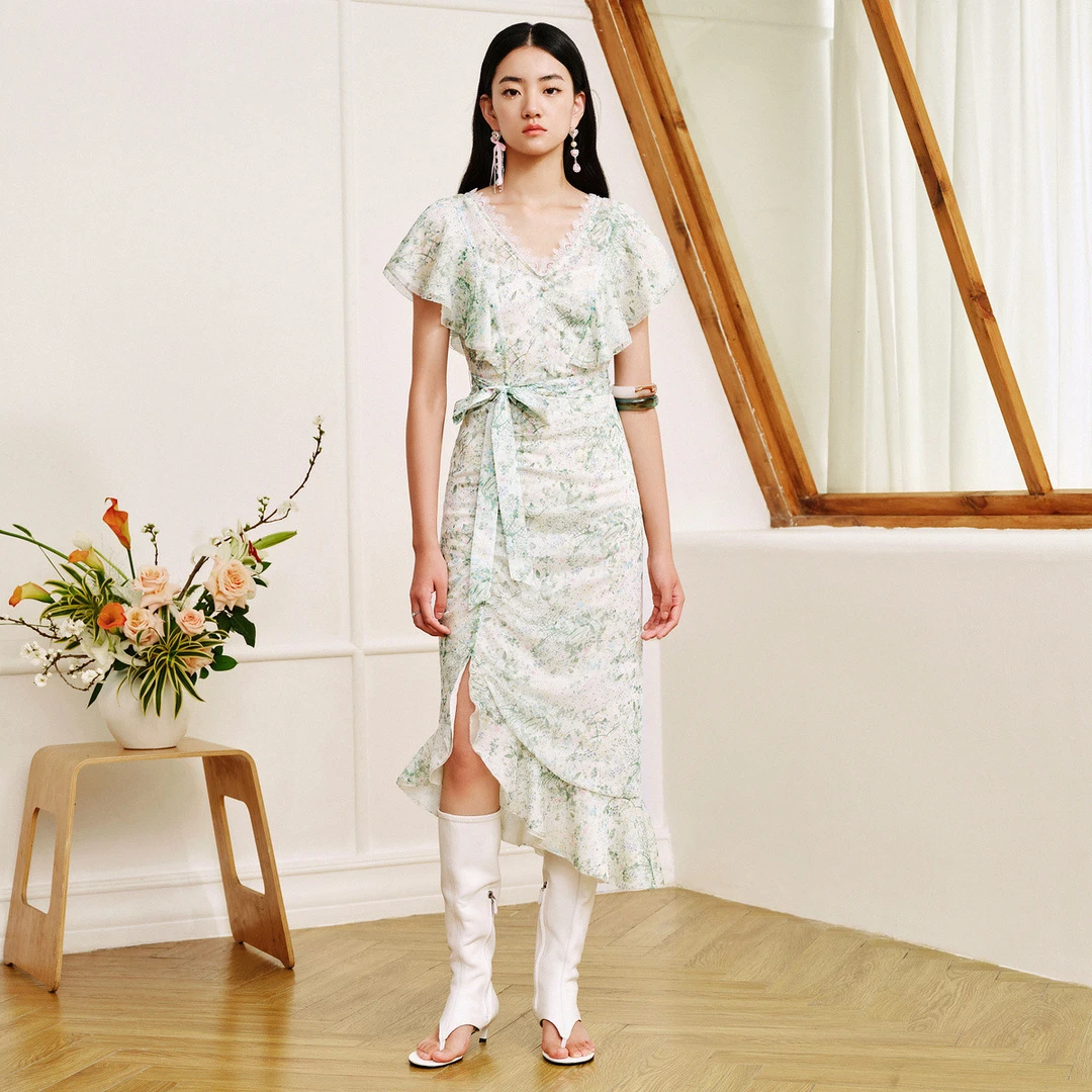 MAXRIENY绿野仙踪碎花不对称气质衬衫拼接连衣裙雪纺印花