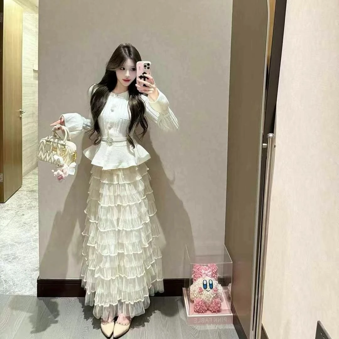韩版小香风荷叶边针织衫亮钻腰带显瘦上衣法式网纱蛋糕裙两件套