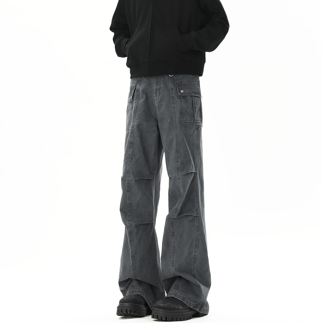 Sendian/森殿复古做旧褶皱直筒美式潮流长裤休闲高街设计感牛仔裤