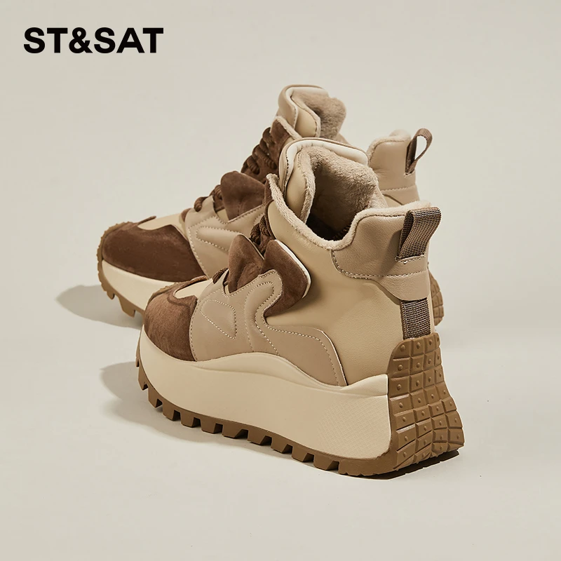 星期六/St&Sat加绒保暖高帮鞋女复古百搭老爹鞋厚底5CM小个子女鞋