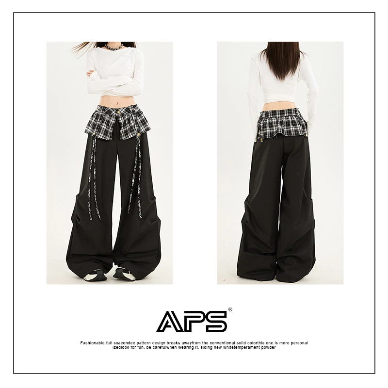 APS美式辣妹黑色格子拼接休闲裤女秋冬慵懒风高腰百搭阔腿工装裤