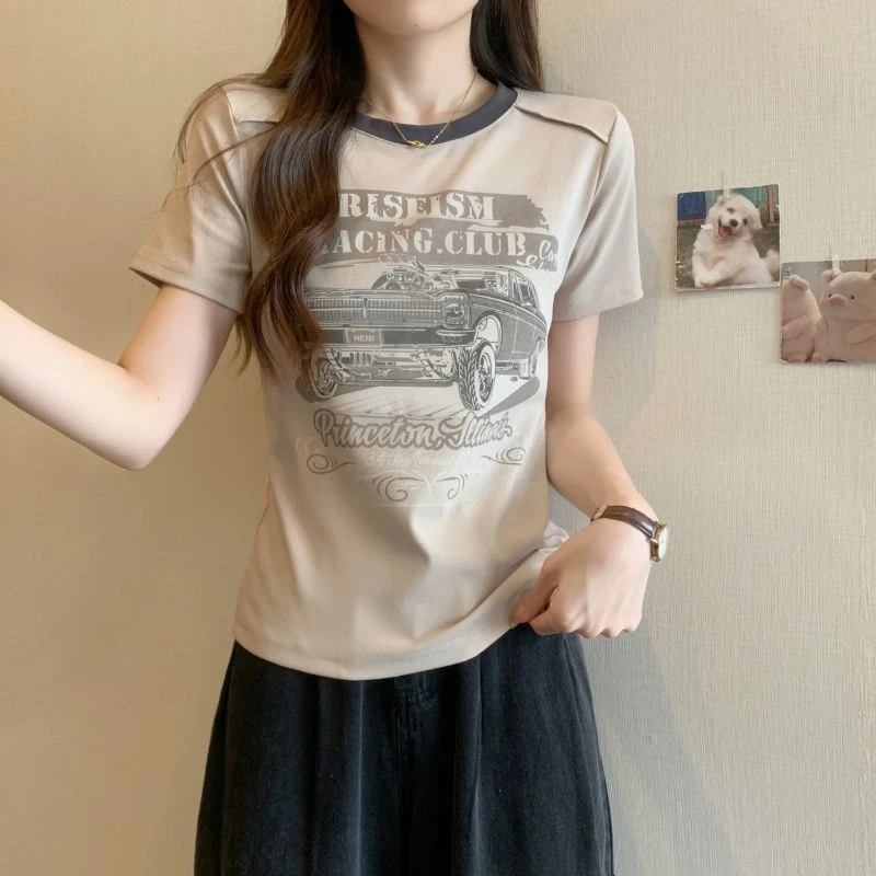 夏季新款拼接圆领短袖女显瘦百搭体恤时尚印花美式复古上衣女减龄