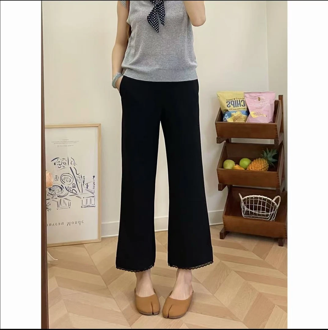 黑色蕾丝边休闲裤女2025夏季薄款大码胖mm高腰显瘦冰感弹力微喇裤