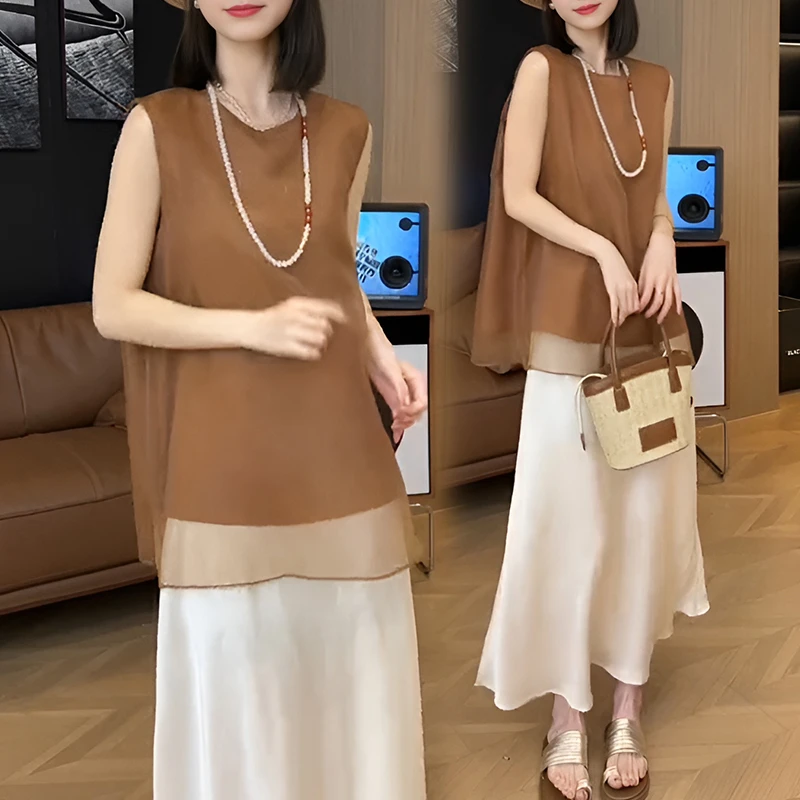 法式轻薄网纱拼接无袖背心衬衫女夏季新款宽松高级感气质坎肩上衣