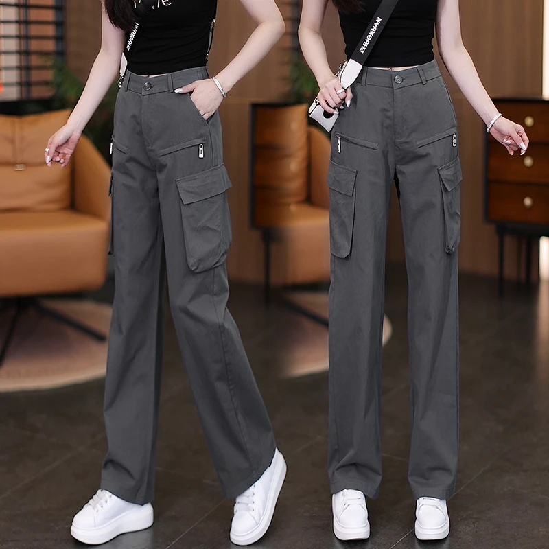 运动工装裤女夏季2025新款高腰宽松显瘦户外拉链大口袋休闲直筒裤