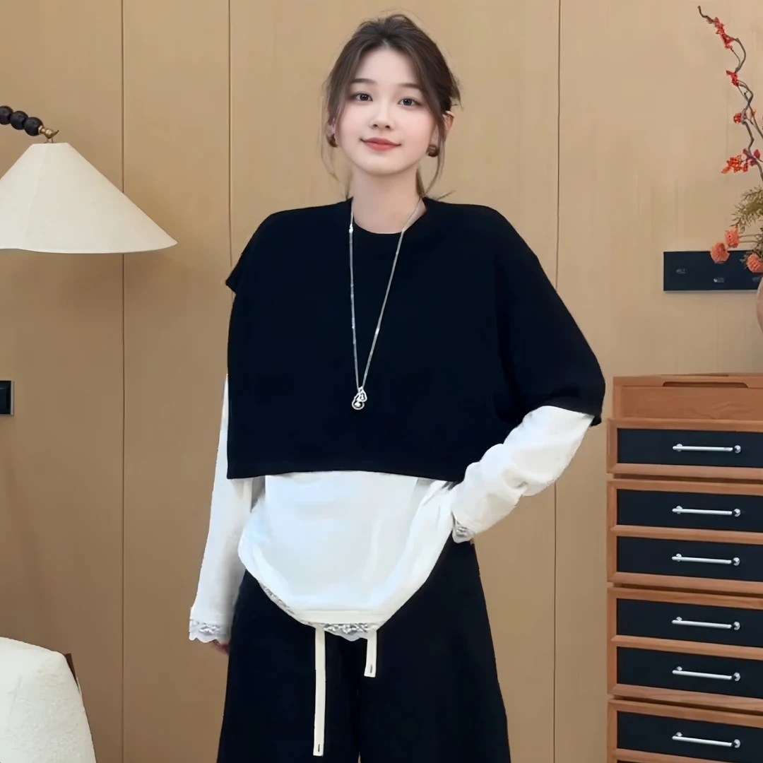 韩系慵懒风黑色外搭女2025秋季大码胖MM新款圆领休闲百搭潮流披肩