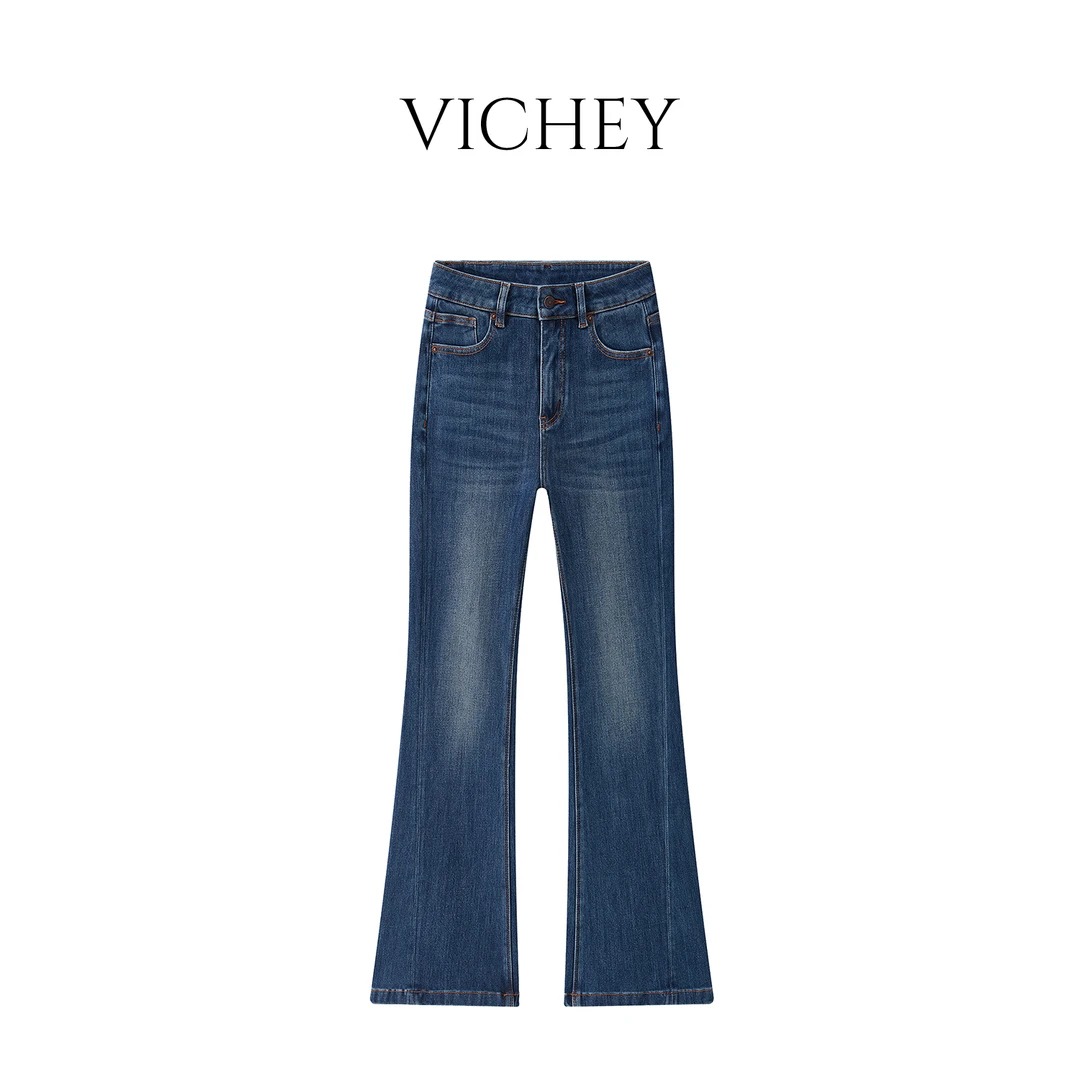 VICHEY [烟雨]秋季时尚土耳其四面弹微喇裤高腰显瘦女牛仔裤-9468