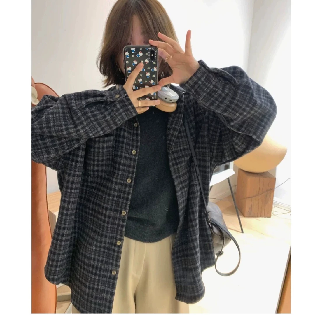 美拉德复古休闲百搭韩版磨毛格纹长袖衬衫女2025秋季新款加厚衬衣