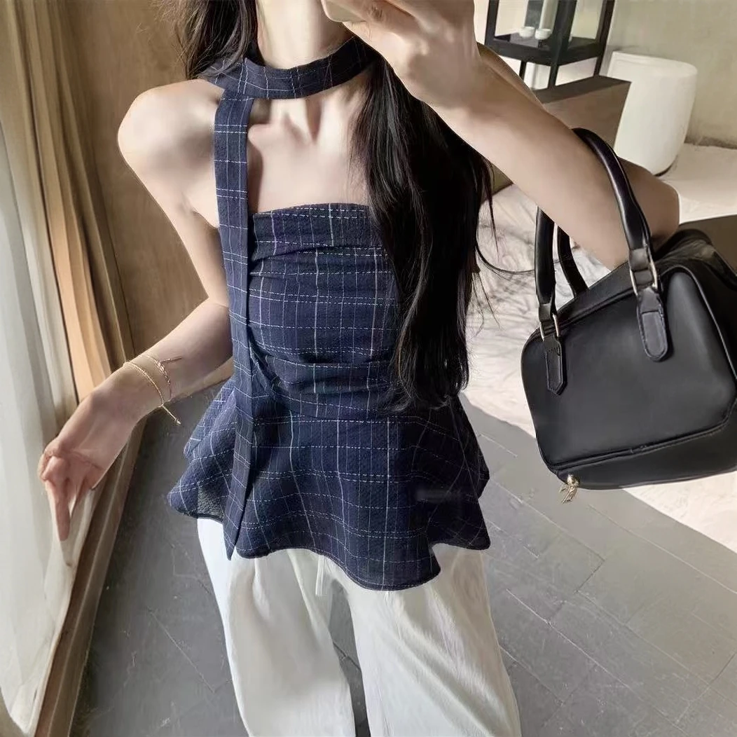 复古撞色辣妹格子抹胸背心女装夏季小众荷叶边上衣