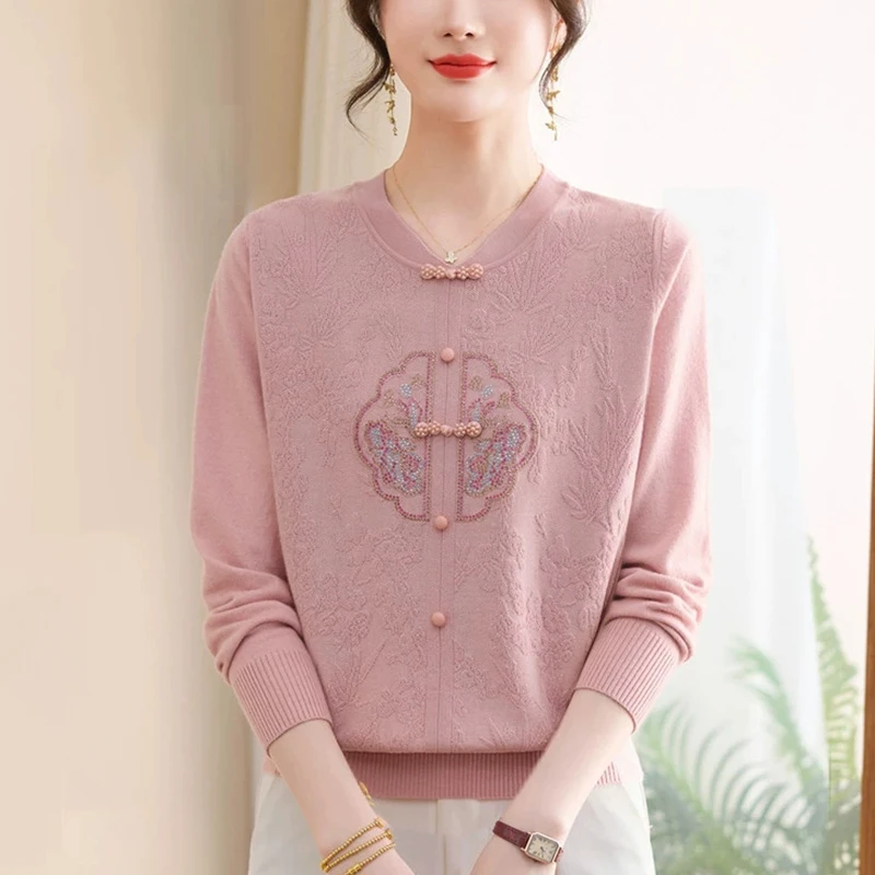 妈妈秋夏装针织衫长袖上衣2025新款中老年女装遮肉显瘦洋气薄毛衣