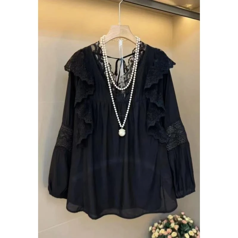 法式蕾丝镂空大码女装荷叶边胖妹妹衬衫V领衬衣上衣秋季新款2025
