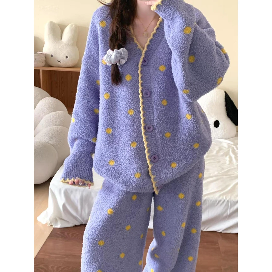 甜美波点半边绒睡衣女款冬季黄色边温柔保暖休闲家居服套装可外穿