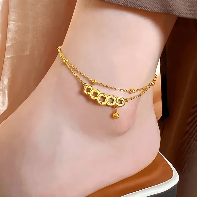 钛钢脚链 五钱币脚链女款轻奢小众高级感性感气质足链脚裸链