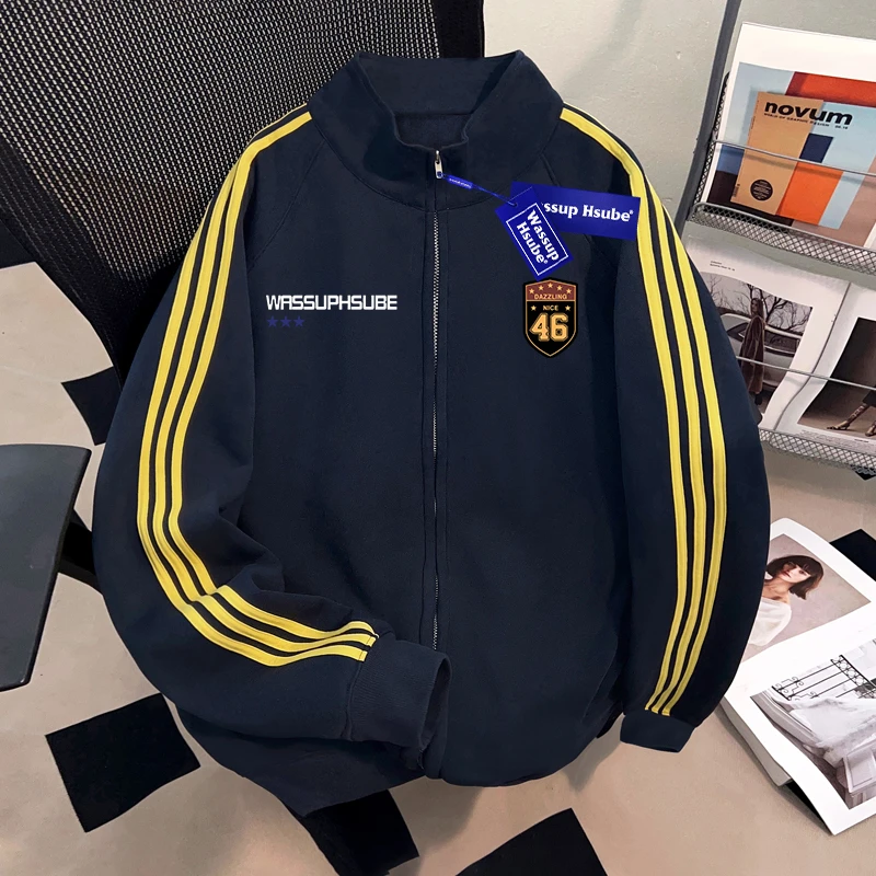 WASSUP HSUBE藏青拉黄三条杠立领开衫外套卫衣男士重磅宽松上衣潮