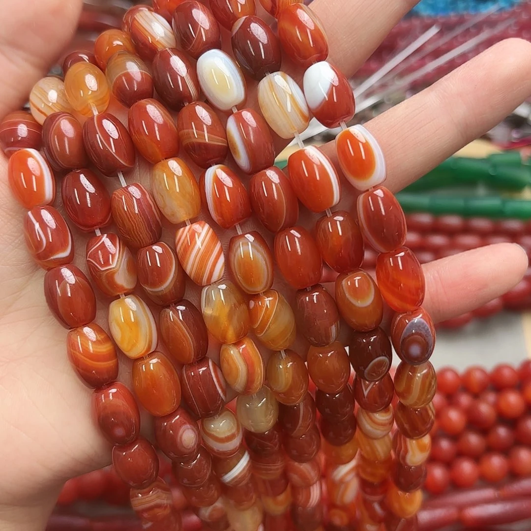 玛瑙/玉髓未镶嵌珠宝半成品10×14红条纹玛枣珠一条