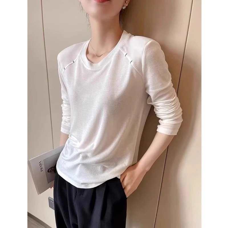 韩系正肩白色T恤女长袖内搭打底衫2025早春新款宽松百搭别致上衣