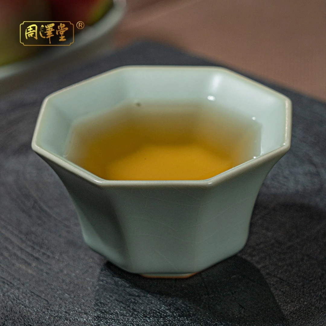 周泽堂汝窑天青八方杯80ml复古八方杯单杯景德镇汝瓷茶杯主人杯