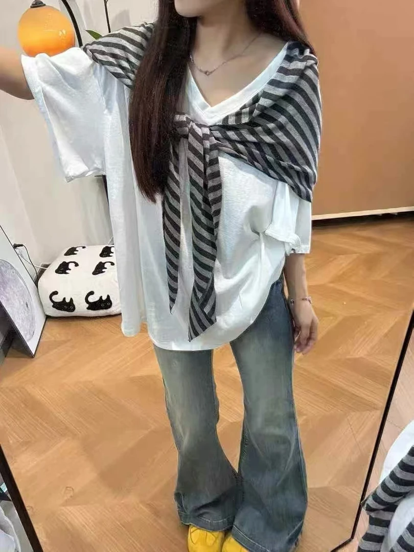 夏季新款纯色韩系休闲百搭简约宽松披肩短袖