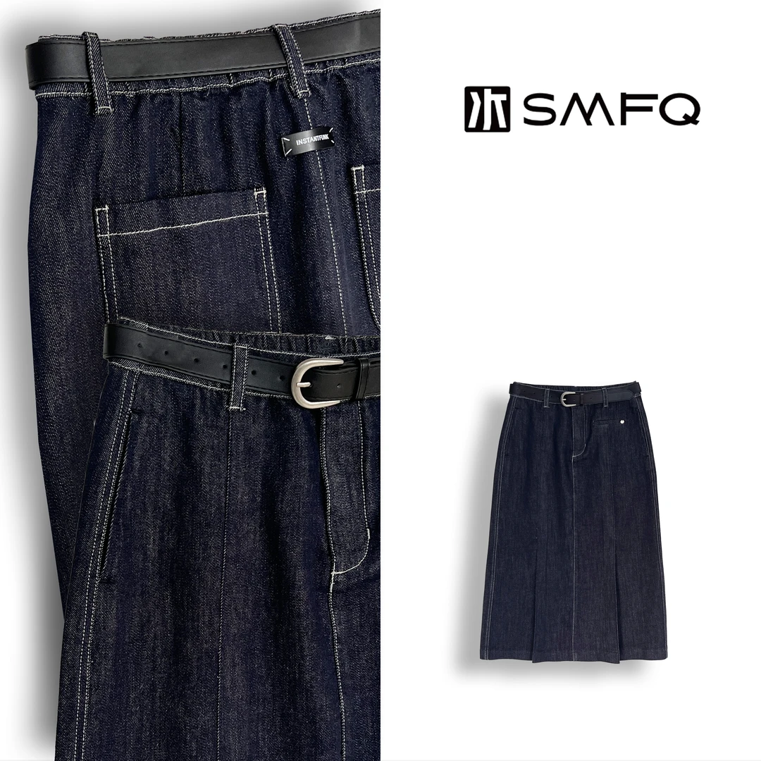 水木夫妻”加州蓝天“天丝混纺原色水洗明线压褶裙半身裙SMFQ2772