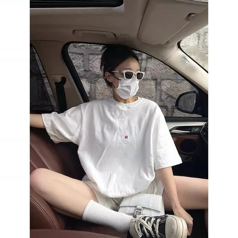 白色圆领短袖T恤女2025夏季韩版简约宽松百搭休闲潮流中长款上衣