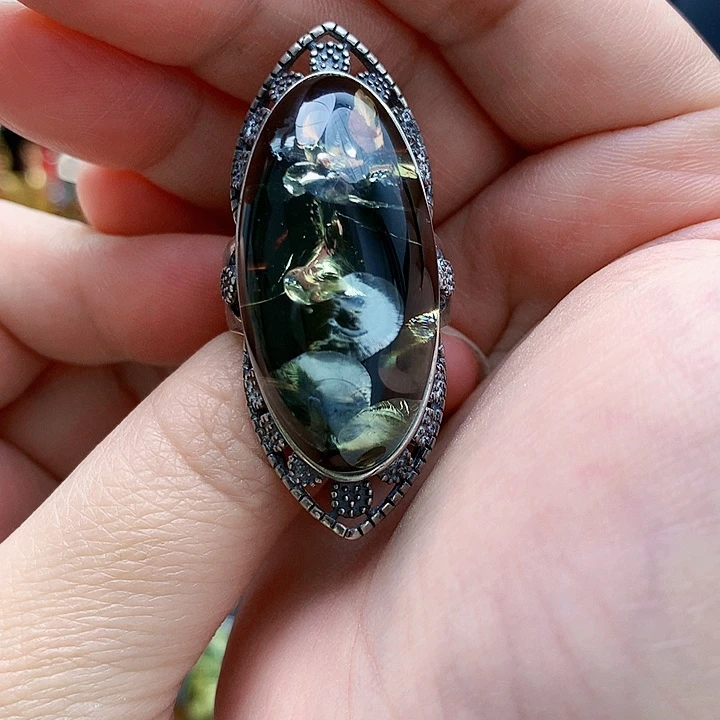 琥珀裸石银S925镶嵌戒指