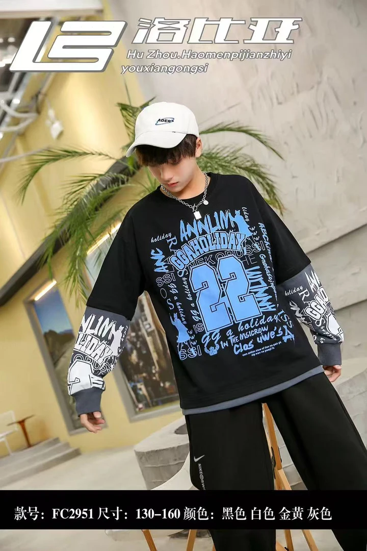 【淼淼妈】中大童春款假两件长袖卫衣2951