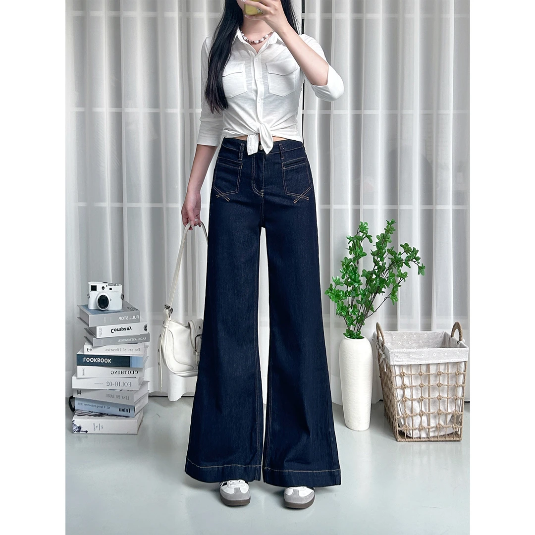 丹宁蓝高腰阔腿牛仔裤女秋季2025爆款宽松显瘦百搭设计垂感拖地裤