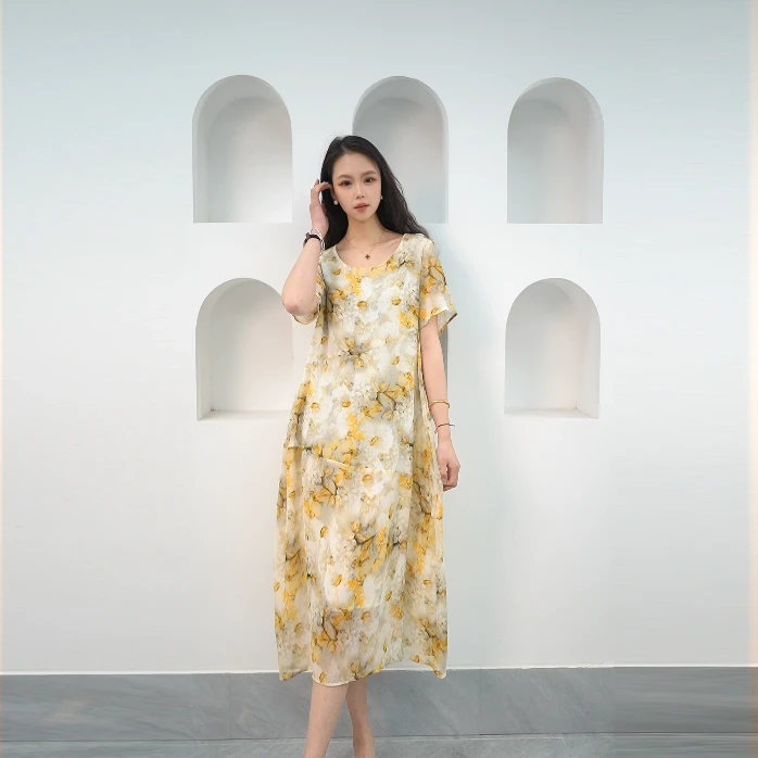 【欧克萨】A2406-女装连衣裙长款宽松显瘦休闲碎花大码半袖夏季百