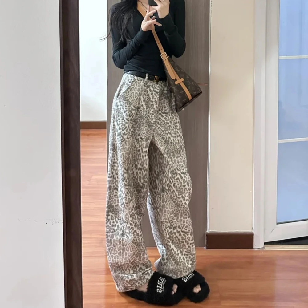美式复古豹纹小众辣妹直筒裤女2025秋季新款设计慵懒感阔腿牛仔裤