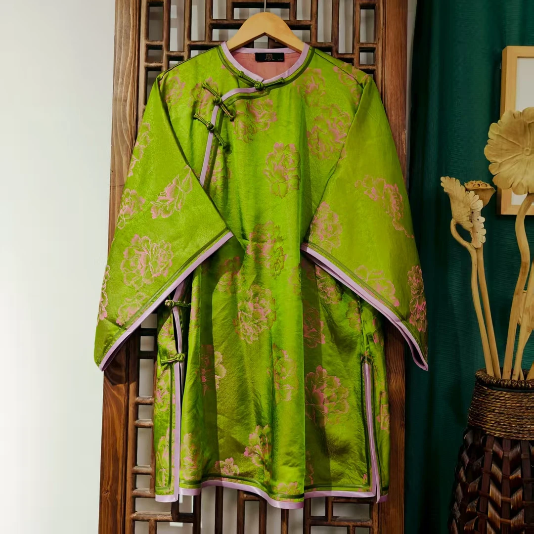 （ LS662-6）凤徕兮私人定制绿底粉色暗纹花斜襟盘扣太太服