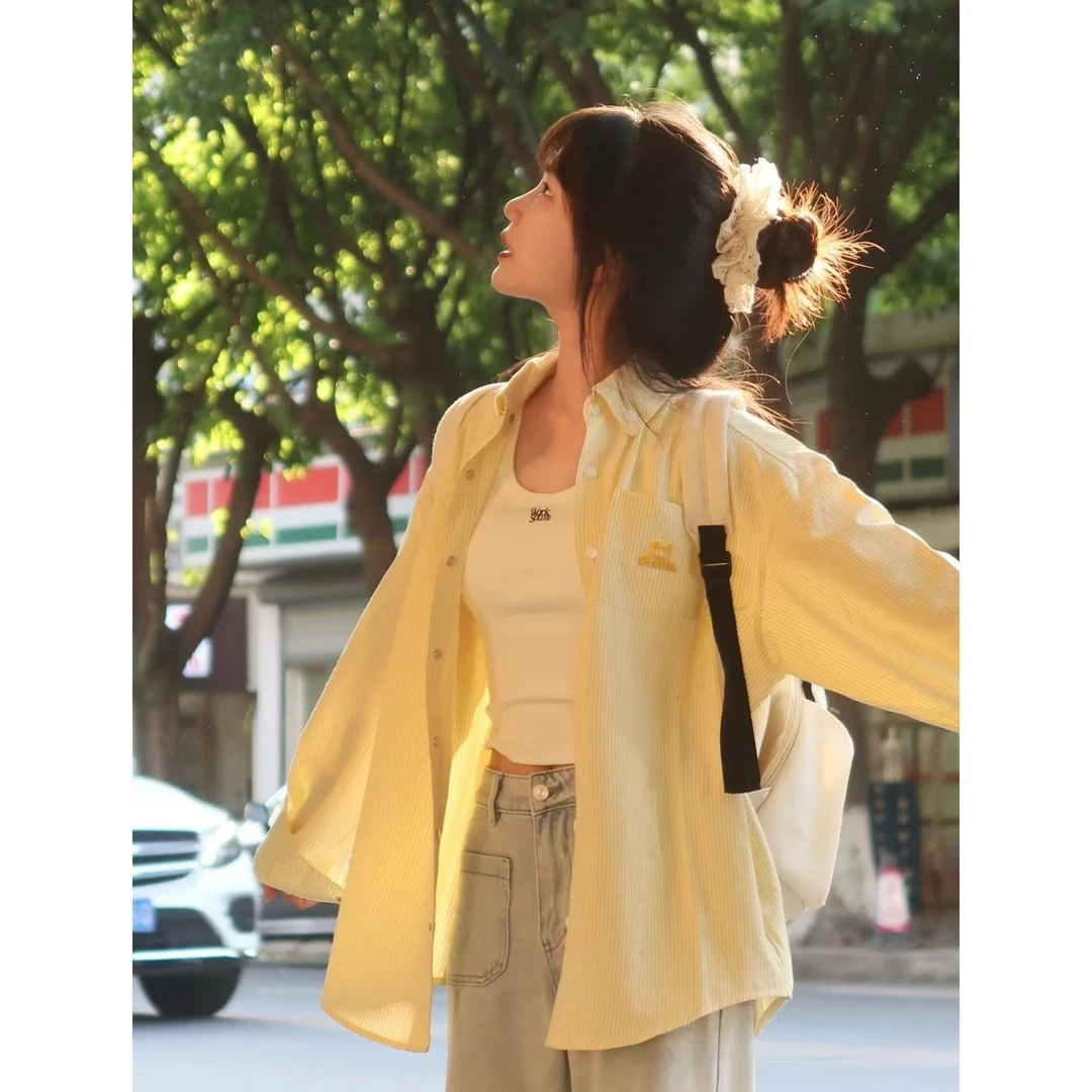 刺绣小狗黄色条纹长袖衬衫女款外穿宽松设计感小众休闲百搭上衣女