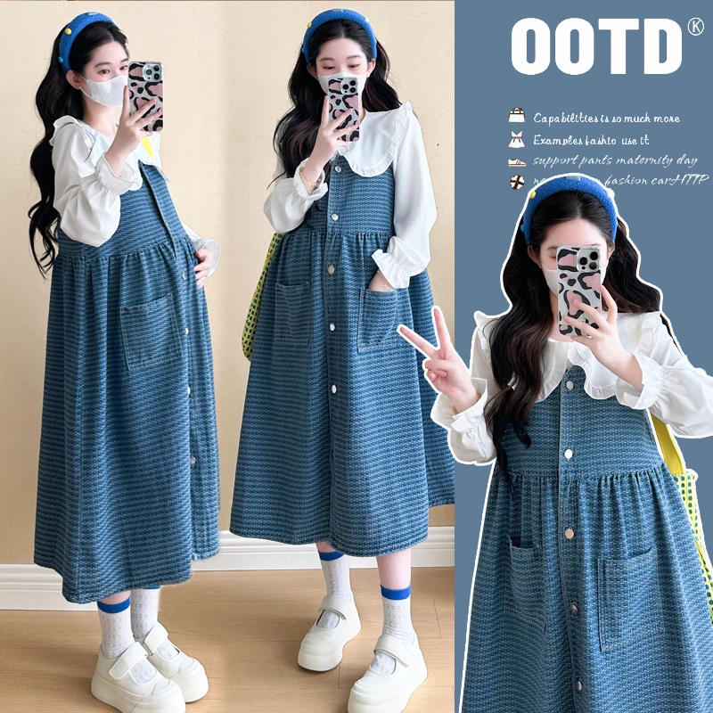 X3961#1.13 2025春季孕妇韩版时尚娃娃领衬衣+洗水牛仔马甲两件套