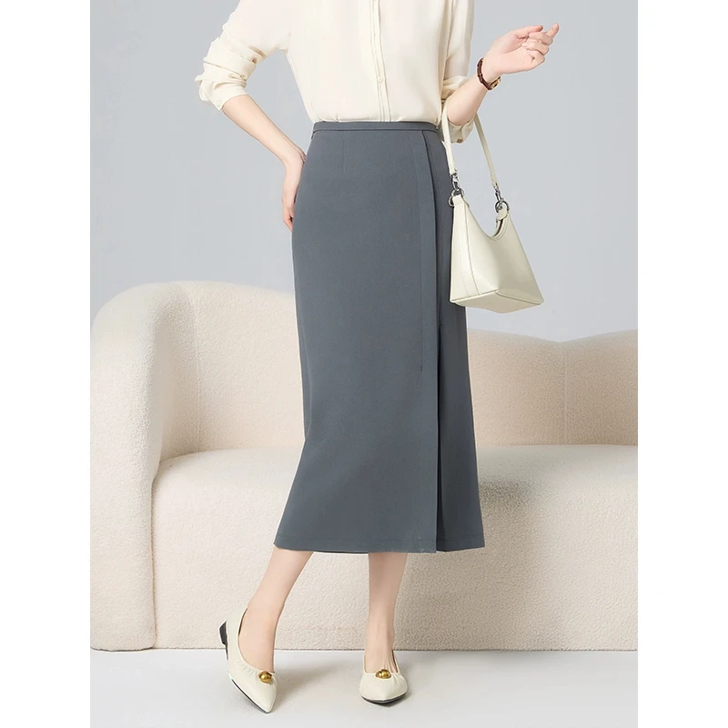 老敏哥 韩系优雅韩系绿进口醋酸开叉显瘦高级通勤A字裙 S01316691