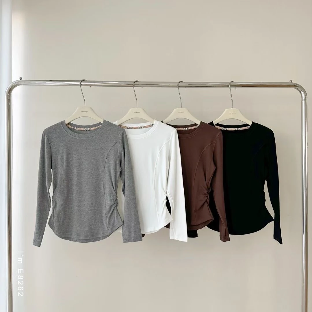 秋季新款弹力上衣抽褶修身显瘦长袖打底百搭小蛮腰圆领T恤打底衫