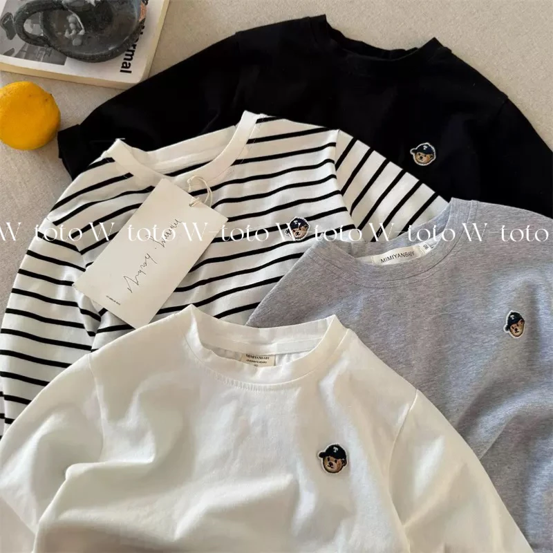 【现货】儿童T恤春季新品男女童条纹小熊打底衫宝宝百搭长袖T