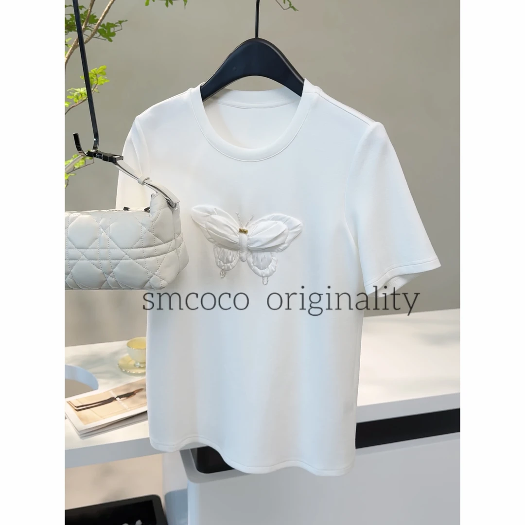 【重磅新款】高级感时尚宽松重工蝴蝶装饰圆领白色半袖T恤ZSY4027