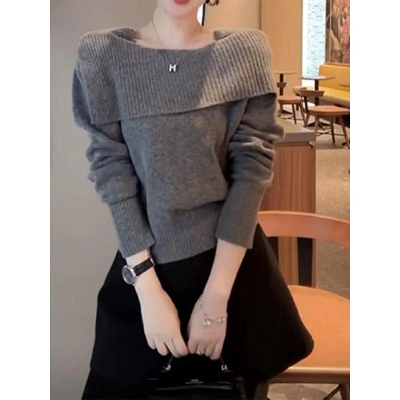 大码女装胖MM韩版一字领长袖针织衫女秋冬季新款显瘦气质内搭上衣