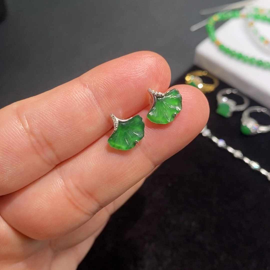 翡翠银S925镶嵌耳钉银杏耳钉
