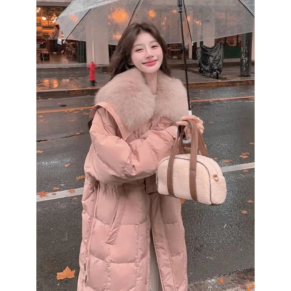 粉色大毛领羽绒服女中长款2025冬季新款韩系设计感加厚白鸭绒外套