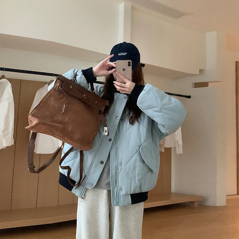 实拍美式菱格棒球服女短款冬季新款设计感夹棉学院风宽松棉服外套