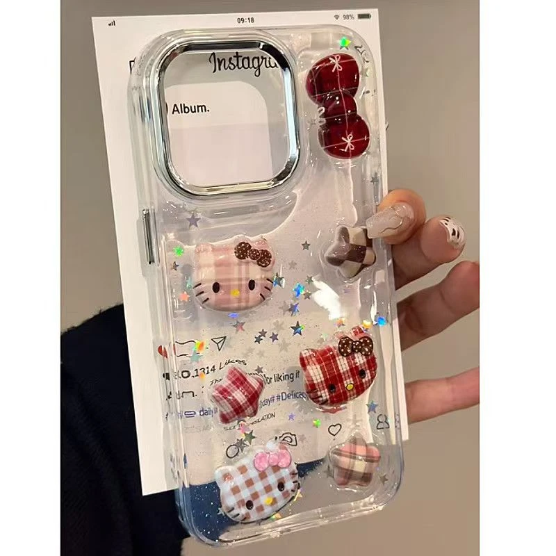 ins趣味可爱立体格纹猫咪iPhone16promax手机壳苹果14/13防摔15新