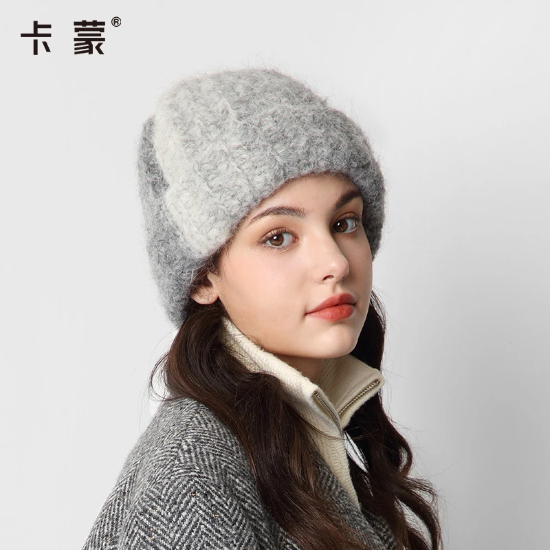 卡蒙亲肤保暖双层护额羊驼毛线帽女加绒加厚毛绒护耳针织帽月子帽