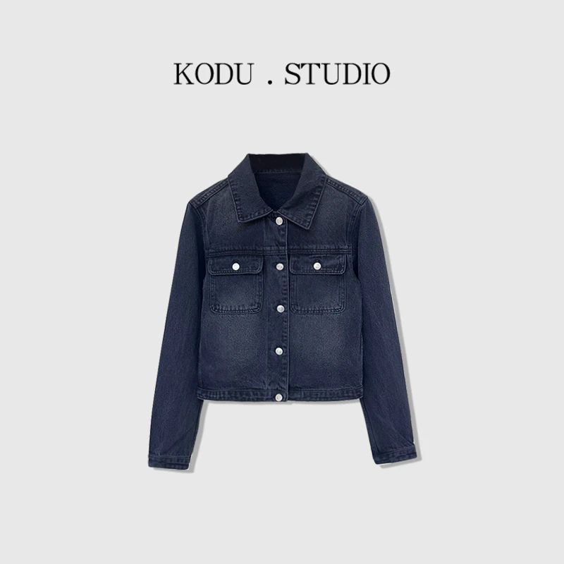 I【刻度KODU】LY-4945春季复古磨白翻领单排扣口袋短款夹克牛仔外套