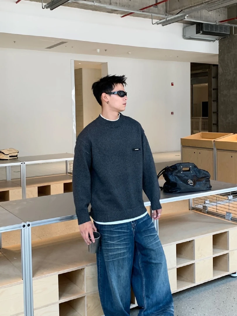 高货Mei樹 2025冬季新款男士假两件加厚毛衣925圆领灰色套头针织